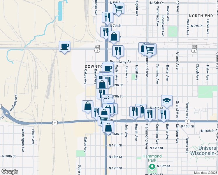 map of restaurants, bars, coffee shops, grocery stores, and more near 1202 Tower Avenue in Superior