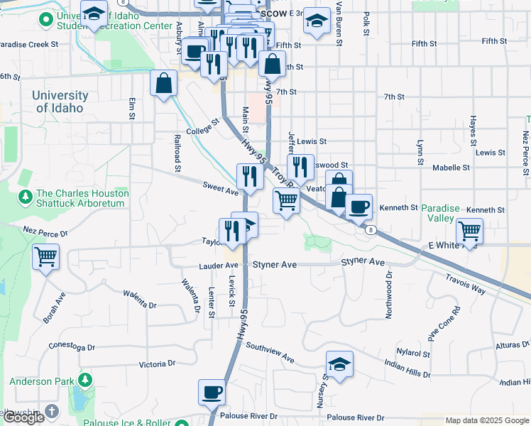 map of restaurants, bars, coffee shops, grocery stores, and more near 1218 South Main Street in Moscow