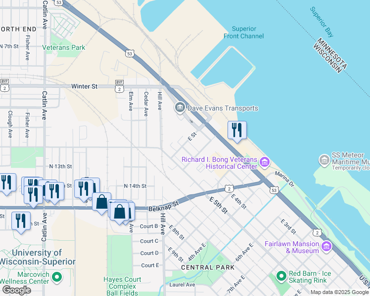 map of restaurants, bars, coffee shops, grocery stores, and more near 420 East Street in Superior