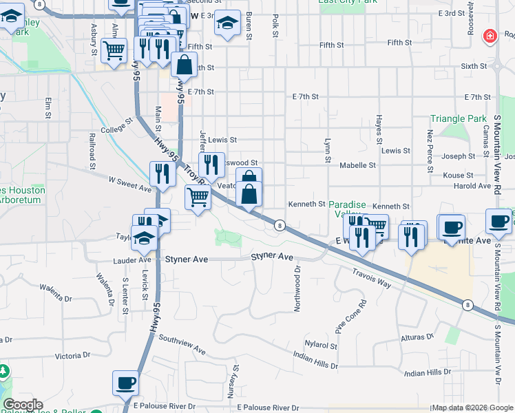 map of restaurants, bars, coffee shops, grocery stores, and more near 1215 South Harrison Street in Moscow
