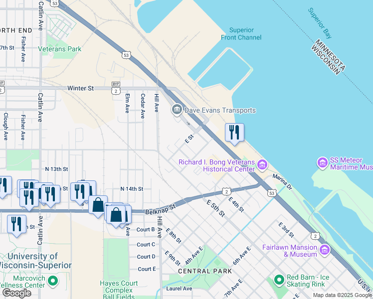 map of restaurants, bars, coffee shops, grocery stores, and more near 320 F Street in Superior