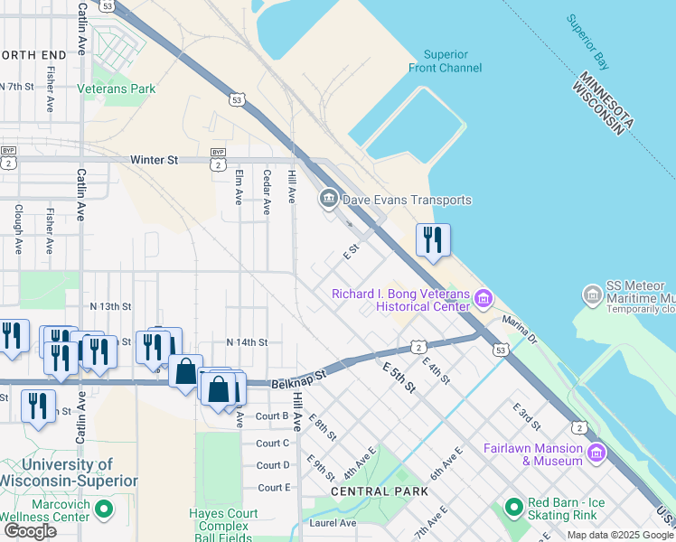 map of restaurants, bars, coffee shops, grocery stores, and more near 420 East Street in Superior