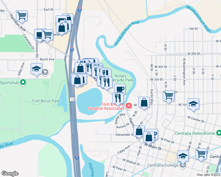 map of restaurants, bars, coffee shops, grocery stores, and more near 619 Harrison Avenue in Centralia