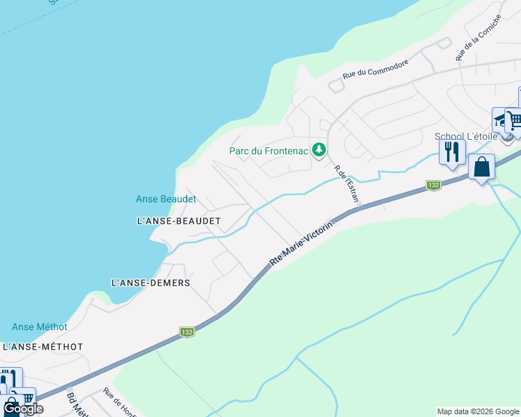 map of restaurants, bars, coffee shops, grocery stores, and more near 624 Chemin de la Pointe à Basile in Lévis