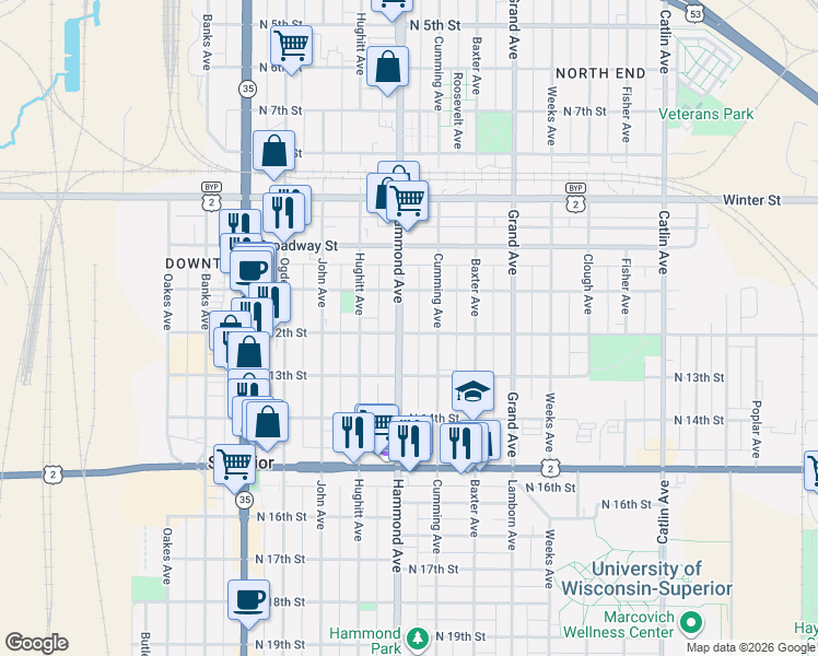 map of restaurants, bars, coffee shops, grocery stores, and more near 1109 Cumming Avenue in Superior
