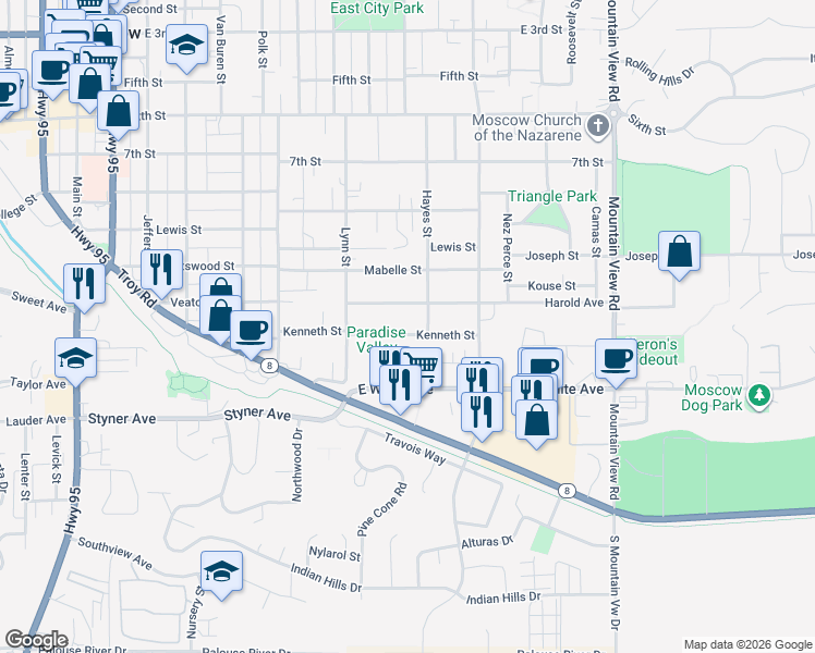 map of restaurants, bars, coffee shops, grocery stores, and more near 865 Harold Avenue in Moscow