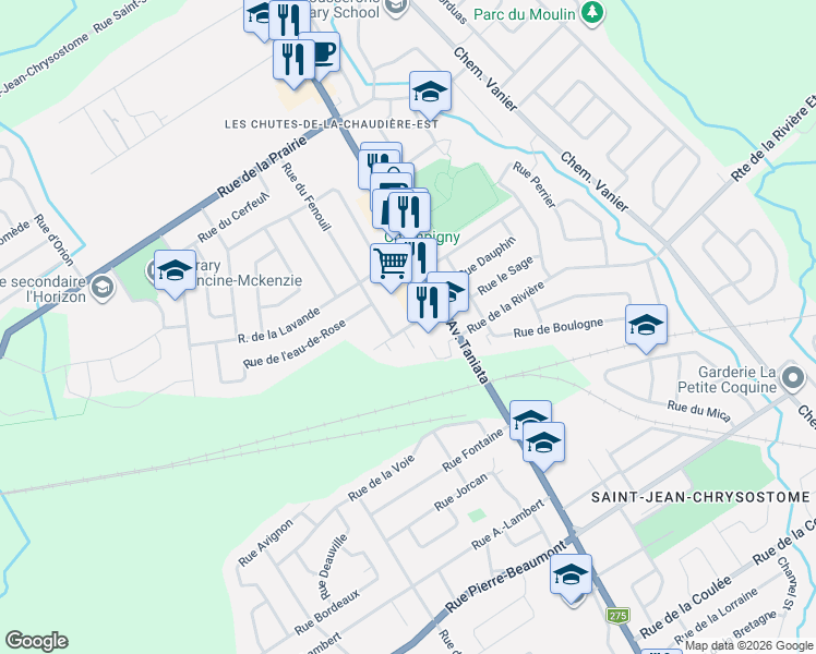 map of restaurants, bars, coffee shops, grocery stores, and more near Rue du Basilic in Lévis
