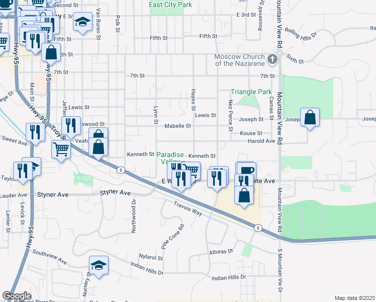 map of restaurants, bars, coffee shops, grocery stores, and more near 865 Harold Avenue in Moscow