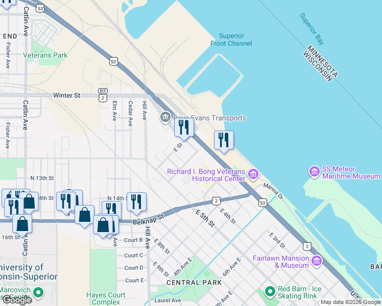 map of restaurants, bars, coffee shops, grocery stores, and more near 56 East 2nd Street in Superior
