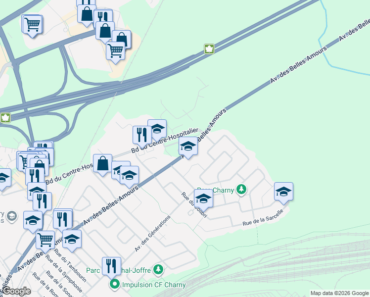 map of restaurants, bars, coffee shops, grocery stores, and more near 7180 Avenue des Belles-Amours in Lévis
