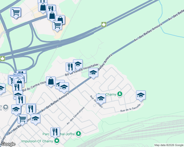 map of restaurants, bars, coffee shops, grocery stores, and more near 7180 Avenue des Belles-Amours in Lévis