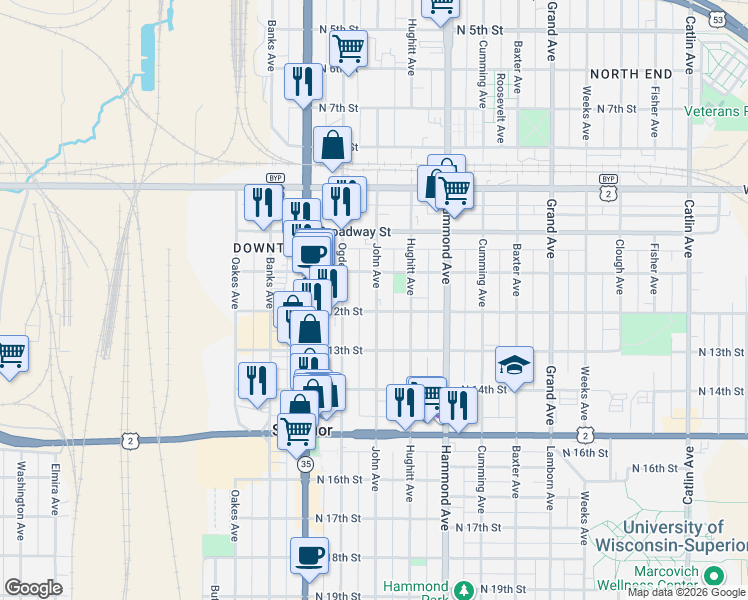 map of restaurants, bars, coffee shops, grocery stores, and more near 1121 John Avenue in Superior