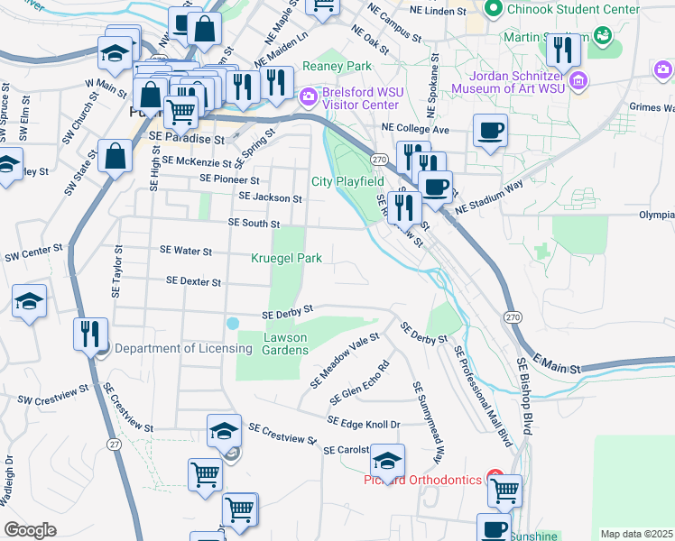 map of restaurants, bars, coffee shops, grocery stores, and more near 728 Southeast Ridgeview Street in Pullman