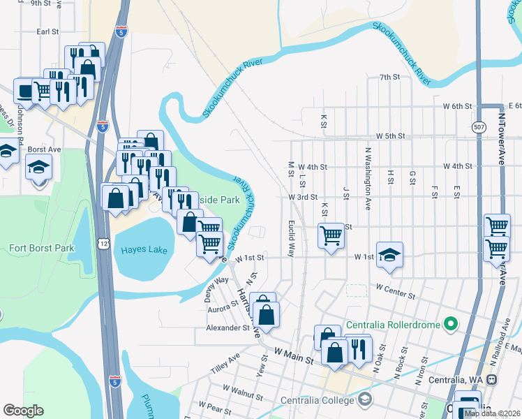 map of restaurants, bars, coffee shops, grocery stores, and more near in Centralia