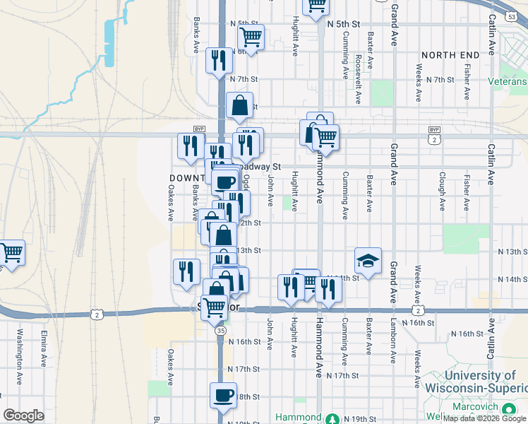 map of restaurants, bars, coffee shops, grocery stores, and more near 1107 John Avenue in Superior