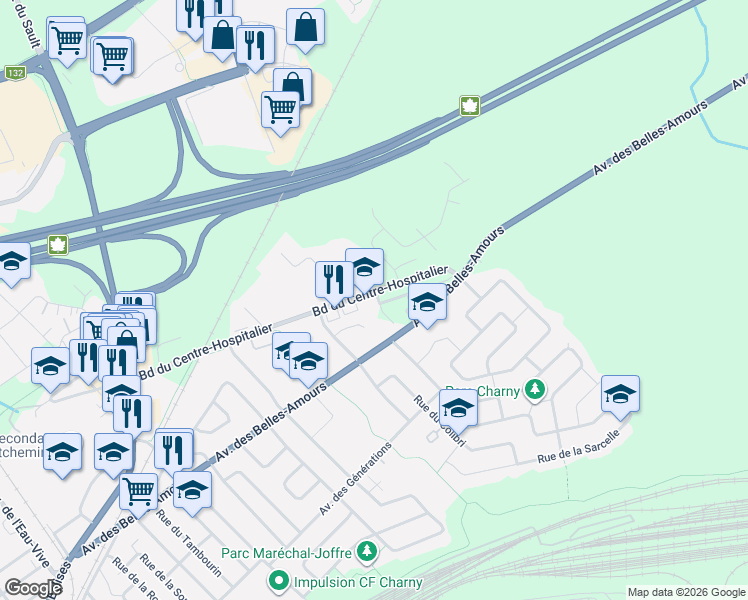 map of restaurants, bars, coffee shops, grocery stores, and more near 9359 Boulevard du Centre-Hospitalier in Lévis