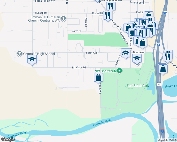 map of restaurants, bars, coffee shops, grocery stores, and more near 713 Scott Drive in Centralia