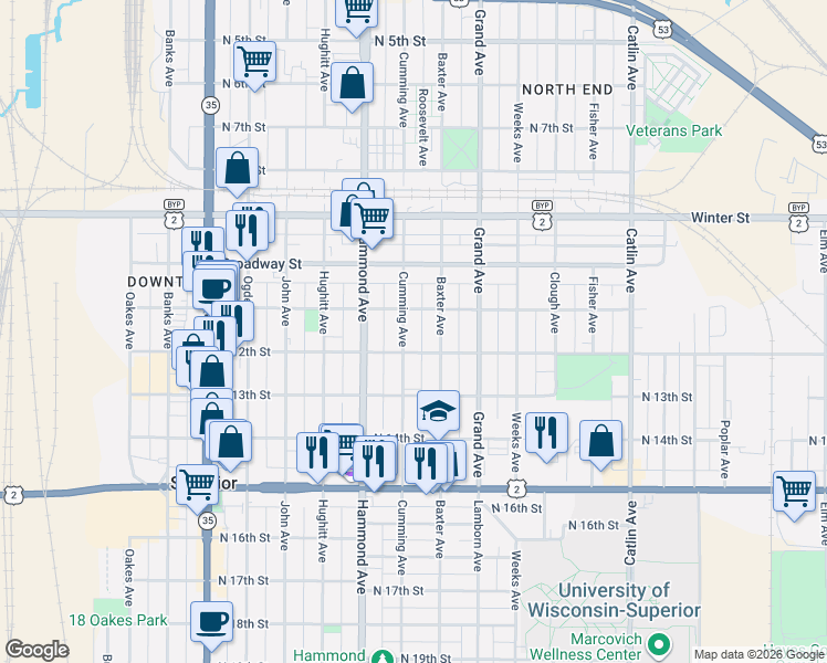 map of restaurants, bars, coffee shops, grocery stores, and more near 1111 Baxter Avenue in Superior