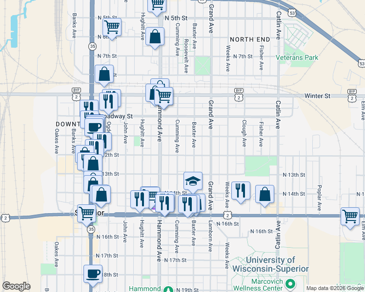 map of restaurants, bars, coffee shops, grocery stores, and more near 1111 Baxter Avenue in Superior