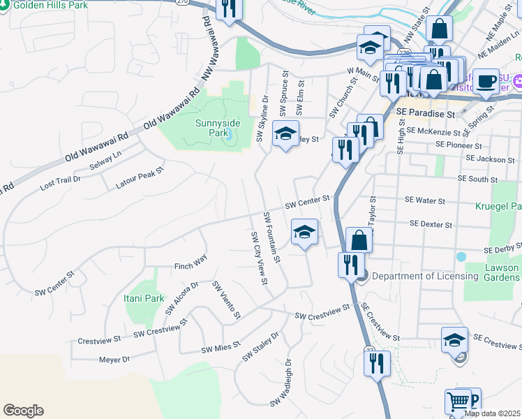 map of restaurants, bars, coffee shops, grocery stores, and more near 500 Southwest Center Street in Pullman