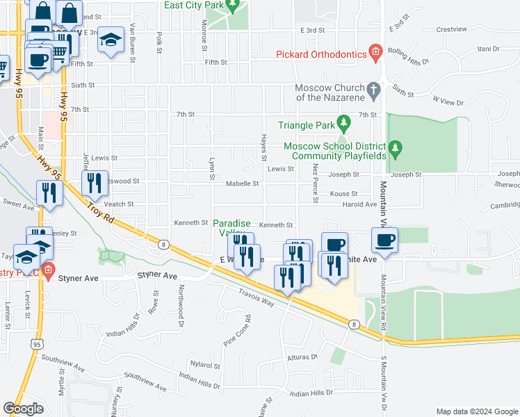 map of restaurants, bars, coffee shops, grocery stores, and more near 865 Harold Avenue in Moscow