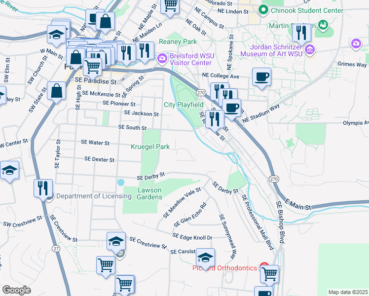 map of restaurants, bars, coffee shops, grocery stores, and more near 728 Southeast Ridgeview Street in Pullman