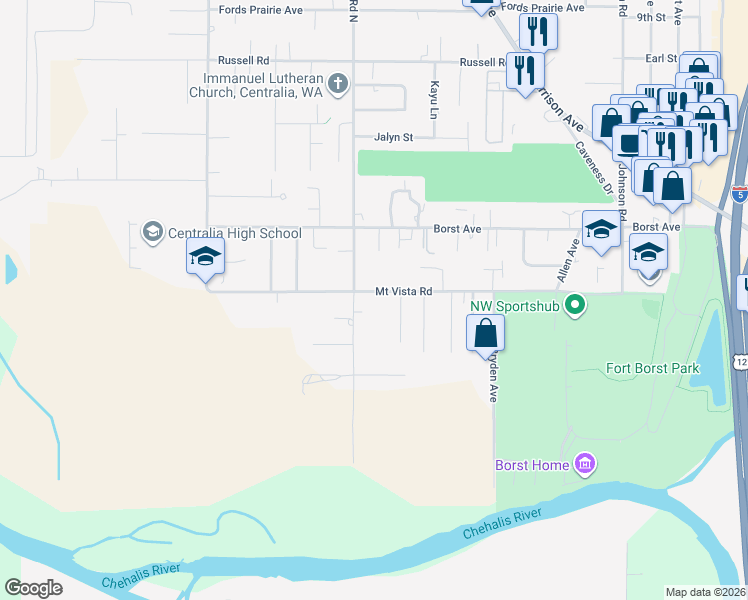 map of restaurants, bars, coffee shops, grocery stores, and more near 3012 Mount Vista Road in Centralia