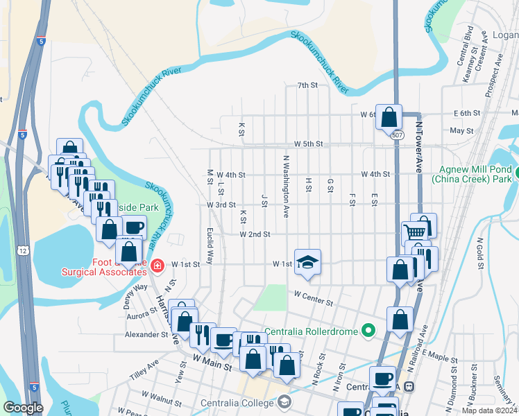 map of restaurants, bars, coffee shops, grocery stores, and more near 831 J Street in Centralia