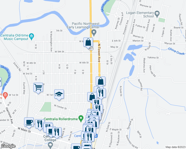 map of restaurants, bars, coffee shops, grocery stores, and more near 832 North Pearl Street in Centralia