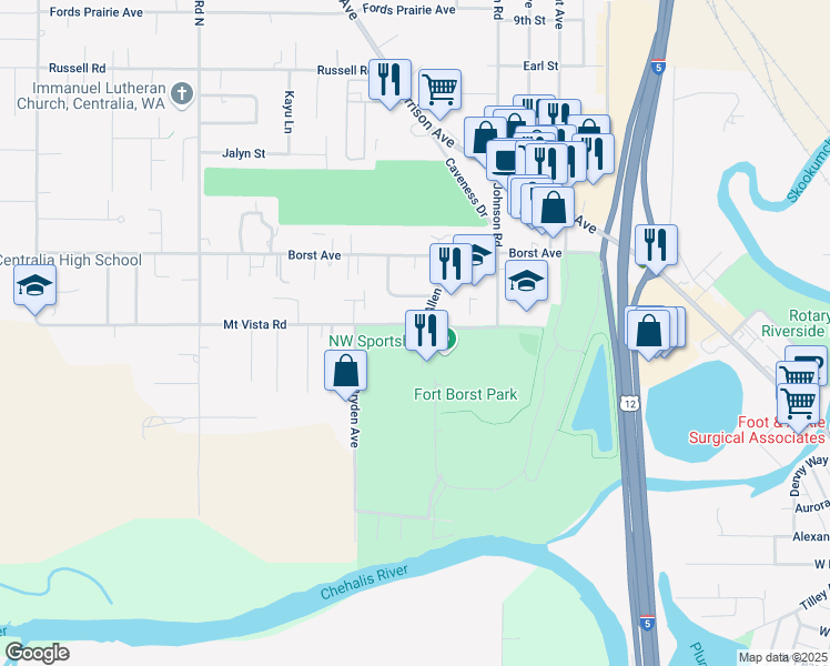 map of restaurants, bars, coffee shops, grocery stores, and more near 2526 Mount Vista Road in Centralia