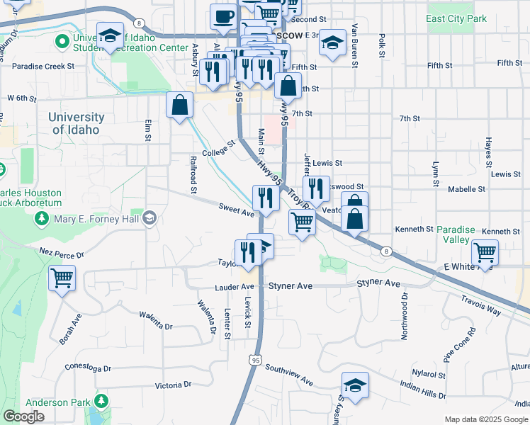 map of restaurants, bars, coffee shops, grocery stores, and more near 1006 South Main Street in Moscow