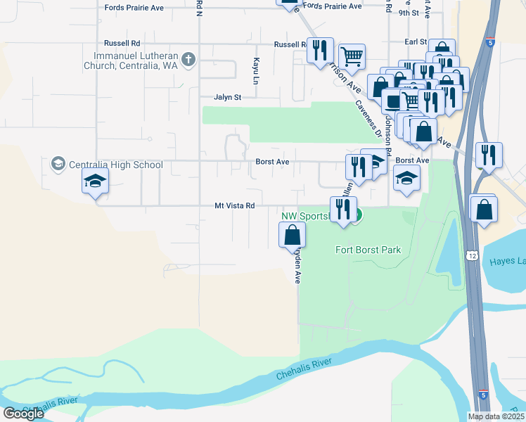 map of restaurants, bars, coffee shops, grocery stores, and more near 713 Scott Drive in Centralia