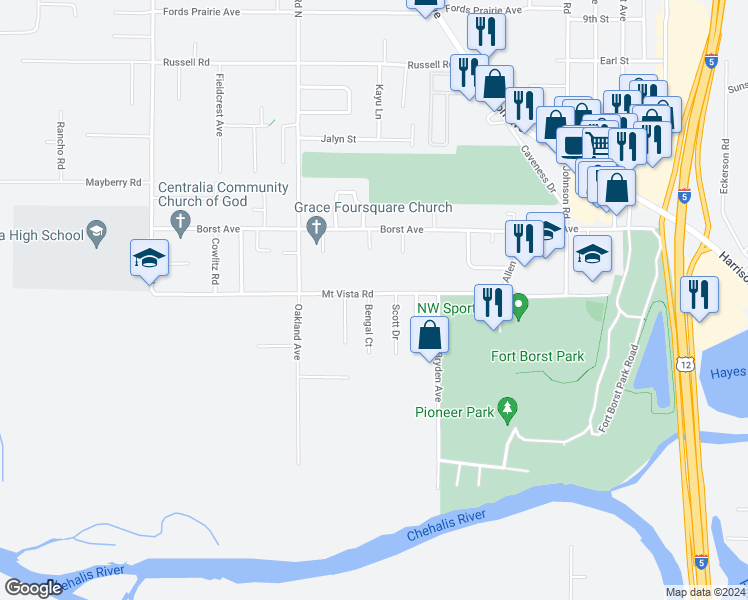 map of restaurants, bars, coffee shops, grocery stores, and more near 714 Bengal Court in Centralia