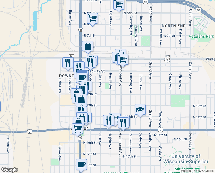 map of restaurants, bars, coffee shops, grocery stores, and more near 1103 Hughitt Avenue in Superior