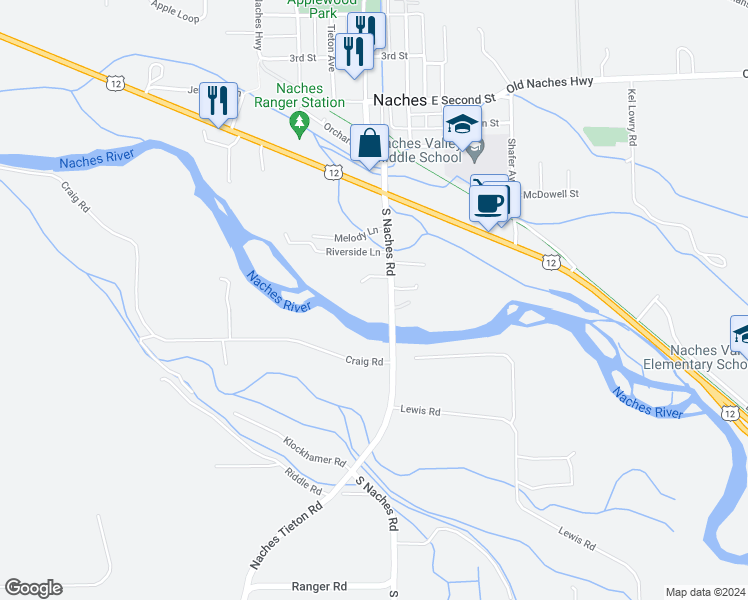 map of restaurants, bars, coffee shops, grocery stores, and more near 9980 South Naches Road in Naches