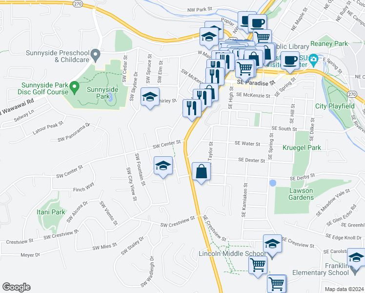 map of restaurants, bars, coffee shops, grocery stores, and more near 640 South Grand Avenue in Pullman