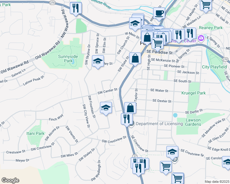 map of restaurants, bars, coffee shops, grocery stores, and more near 640 South Grand Avenue in Pullman