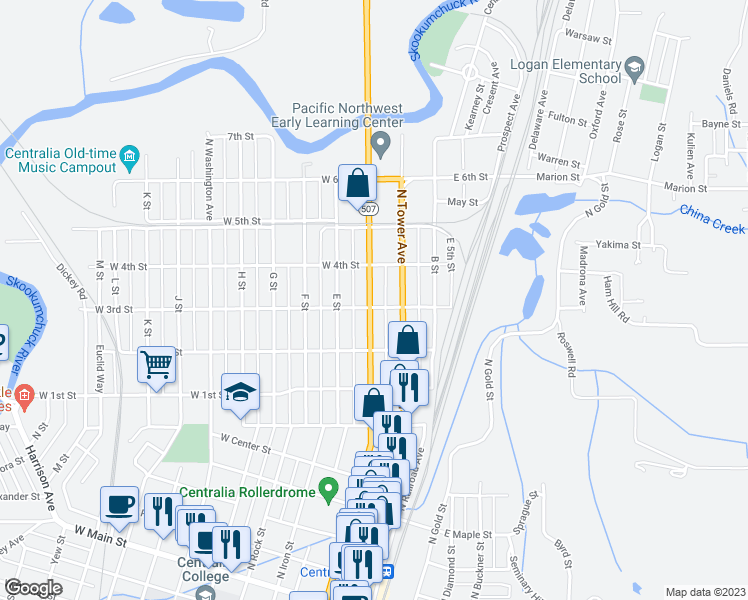 map of restaurants, bars, coffee shops, grocery stores, and more near 904 North Pearl Street in Centralia