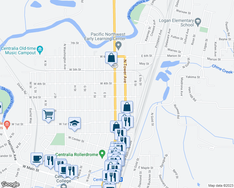 map of restaurants, bars, coffee shops, grocery stores, and more near 902 North Pearl Street in Centralia