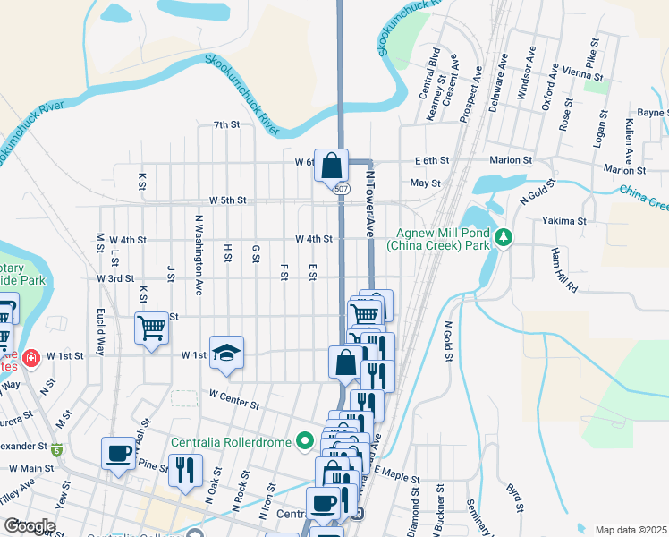 map of restaurants, bars, coffee shops, grocery stores, and more near 832 North Pearl Street in Centralia
