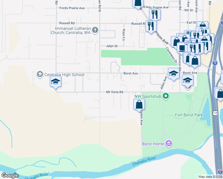 map of restaurants, bars, coffee shops, grocery stores, and more near 2914 Mount Vista Road in Centralia