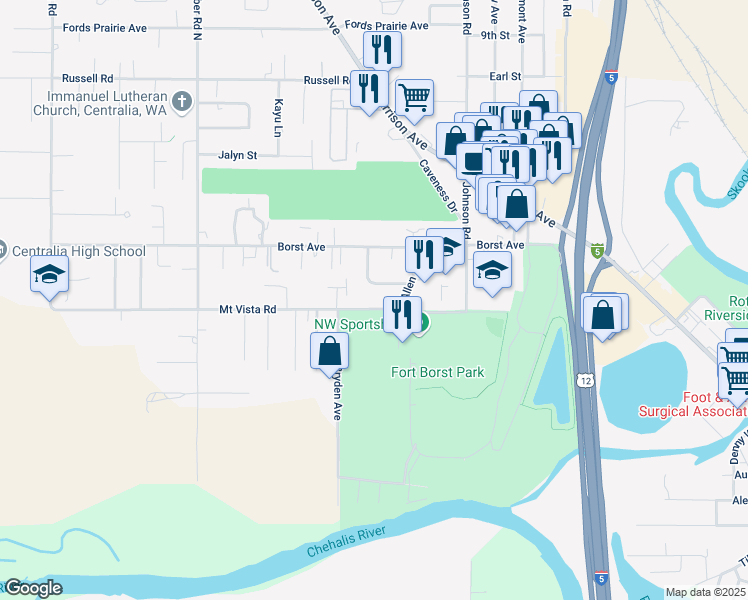 map of restaurants, bars, coffee shops, grocery stores, and more near 2526 Mount Vista Road in Centralia
