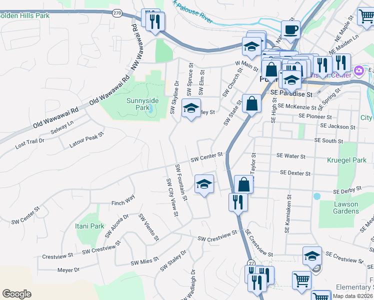 map of restaurants, bars, coffee shops, grocery stores, and more near 300-398 Southwest Center Street in Pullman