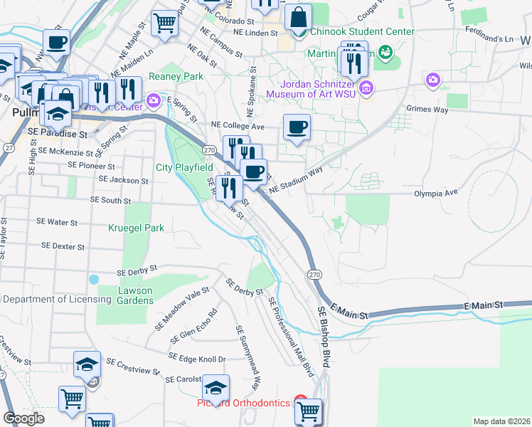 map of restaurants, bars, coffee shops, grocery stores, and more near 1020 Southeast Latah Street in Pullman