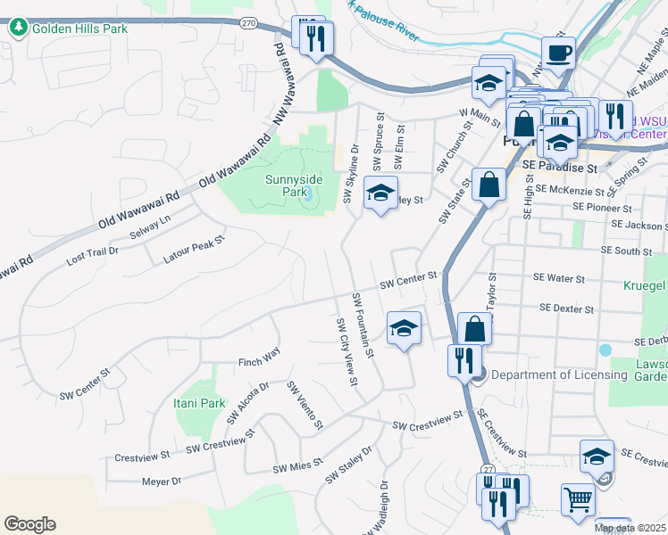 map of restaurants, bars, coffee shops, grocery stores, and more near 500 Southwest Center Street in Pullman