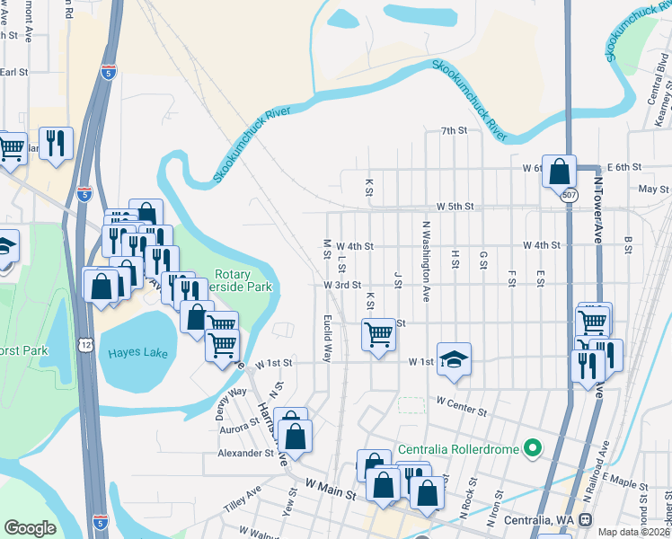 map of restaurants, bars, coffee shops, grocery stores, and more near 917 L Street in Centralia