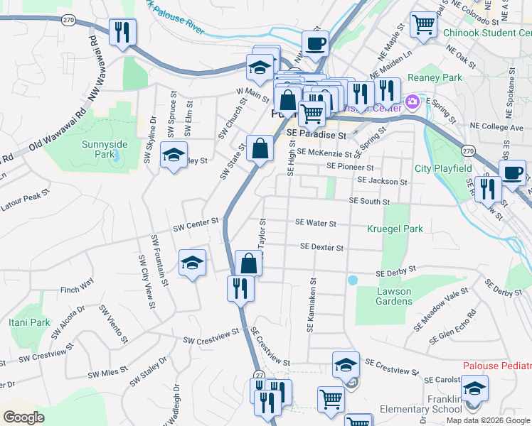 map of restaurants, bars, coffee shops, grocery stores, and more near 165 Southeast Water Street in Pullman