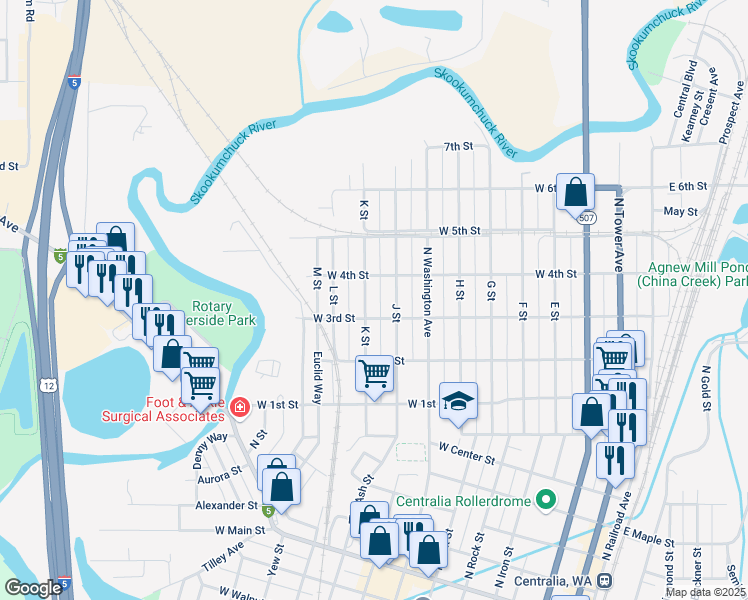 map of restaurants, bars, coffee shops, grocery stores, and more near 831 J Street in Centralia