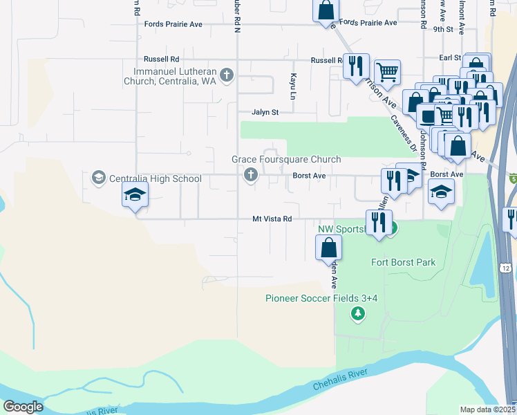 map of restaurants, bars, coffee shops, grocery stores, and more near 3012 Mount Vista Road in Centralia
