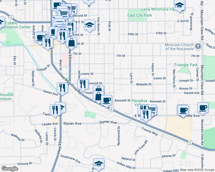 map of restaurants, bars, coffee shops, grocery stores, and more near 917 South Logan Street in Moscow